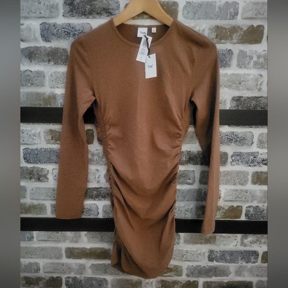 Aritzia TNA Chil Malibu Brown Long Sleeve Ruched Mini Dress